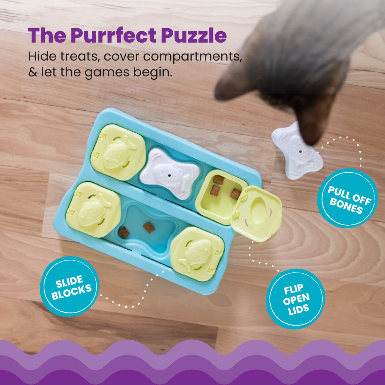 Blue cat treat cube puzzle with green and white sliding sections