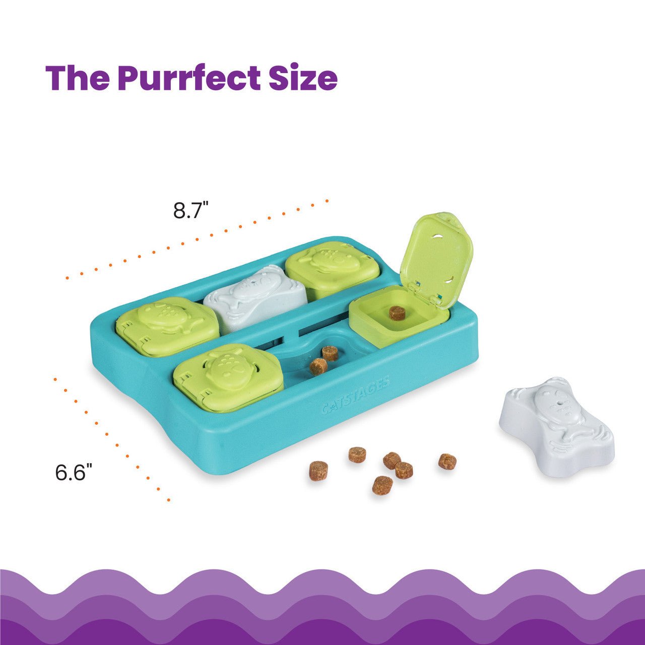 Blue cat treat cube puzzle with green sliding lids and white bone-shaped pieces