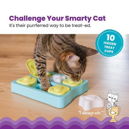 Blue cat treat puzzle with green compartments and tabs, used by a tabby cat