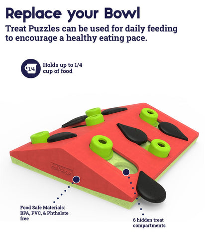 Red cat treat puzzle board with green cups and black caps, multiple compartments