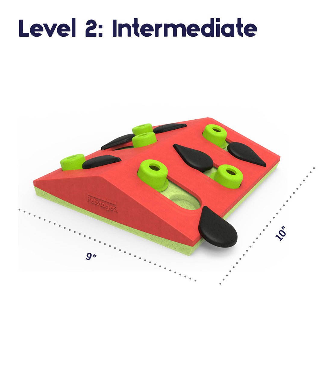 Red intermediate cat treat puzzle board with green pegs and black sliding pieces