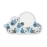 Cloud-shaped cat puzzle board with blue raindrop pieces and replaceable round inserts