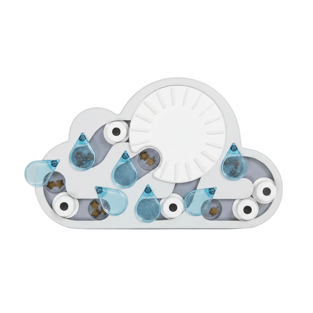 Cloud-shaped cat treat puzzle toy with blue droplet pieces and white spinning wheel