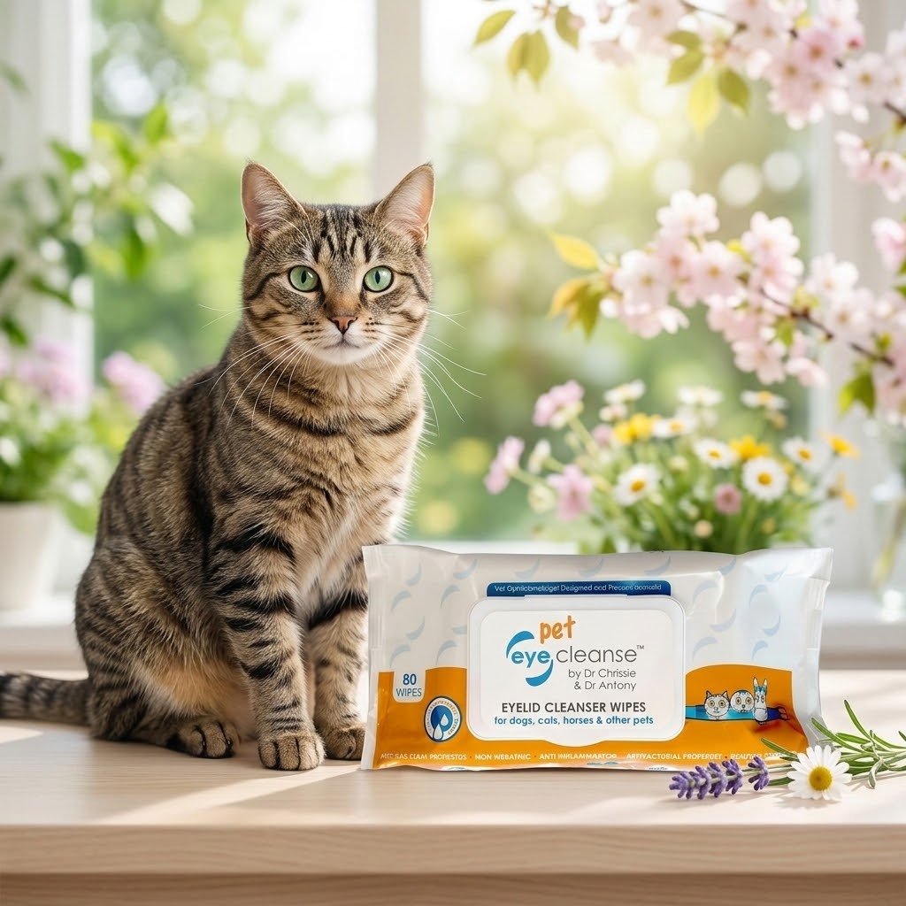 Pet eye cleanse wipes pouch, 80 wipes, blue top seal, labeled for eye cleaning.