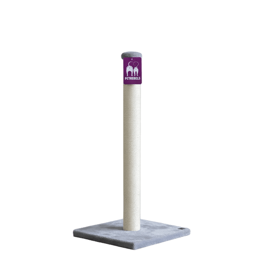 Cat scratching post with cream sisal tower and gray square base