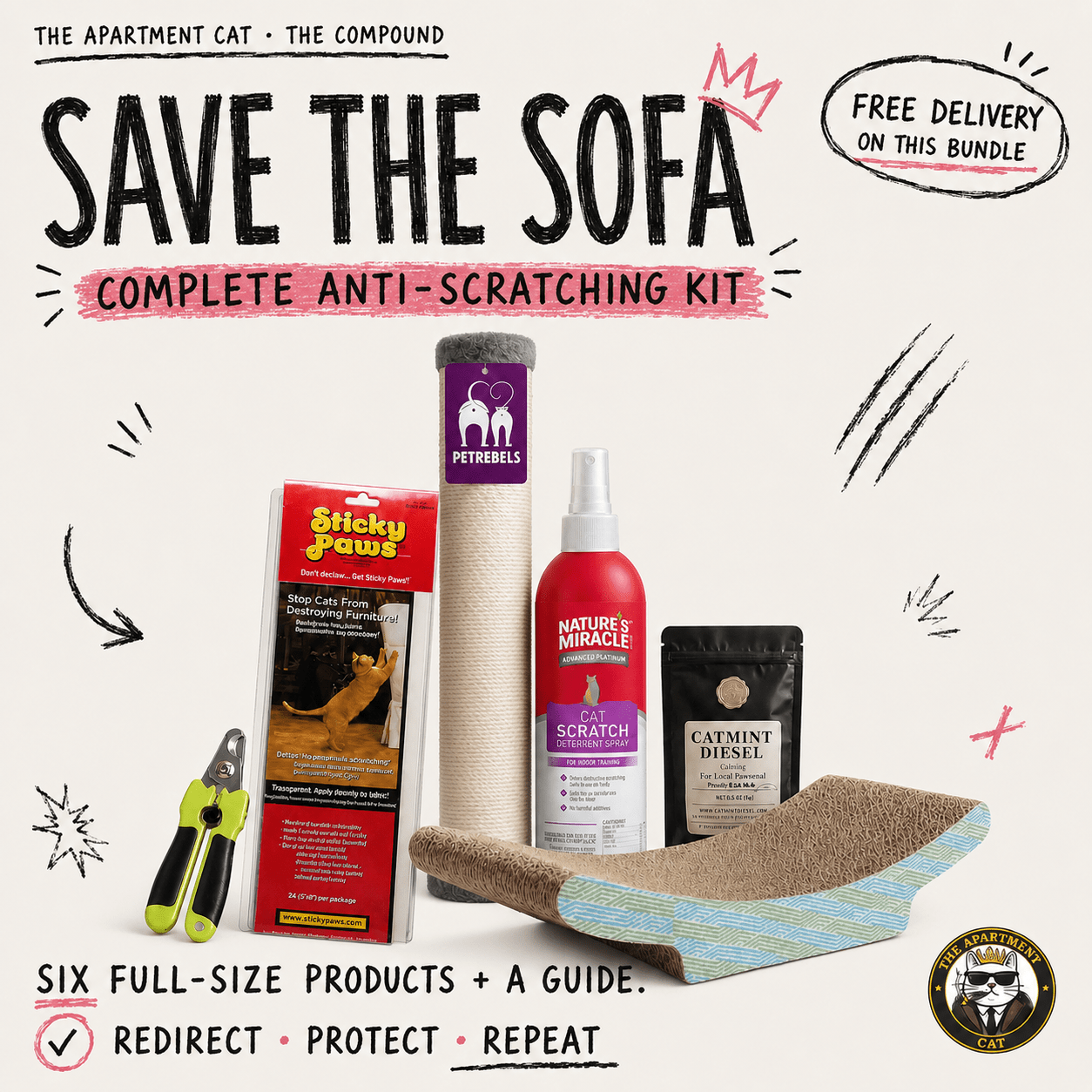 Save the Sofa complete anti-scratching bundle in The Apartment Cat doodle style