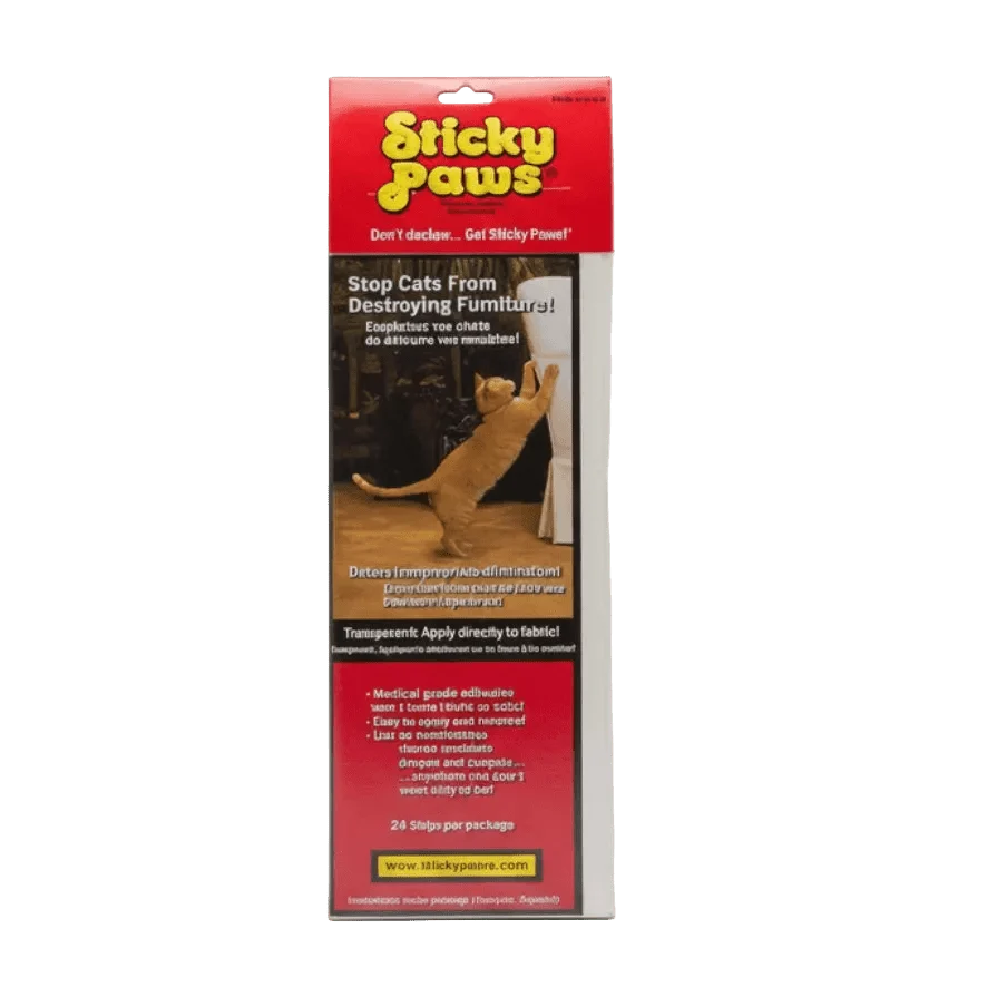 Sticky Paws furniture strip package with cat deterrent instructions, 24 strips