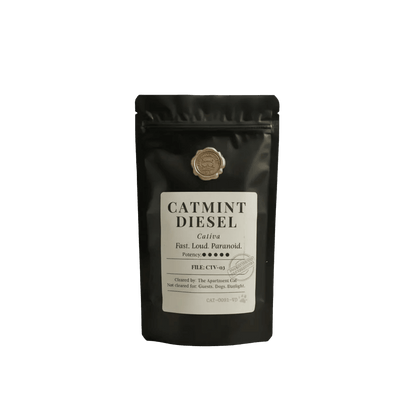 Catmint Diesel catnip pouch, black standing bag with front label