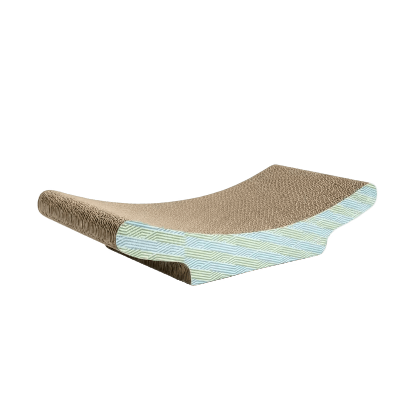 Corrugated cat scratcher pad with blue geometric trim and beige scratching surface