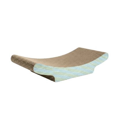 Corrugated cat scratcher pad with blue geometric trim and beige scratching surface