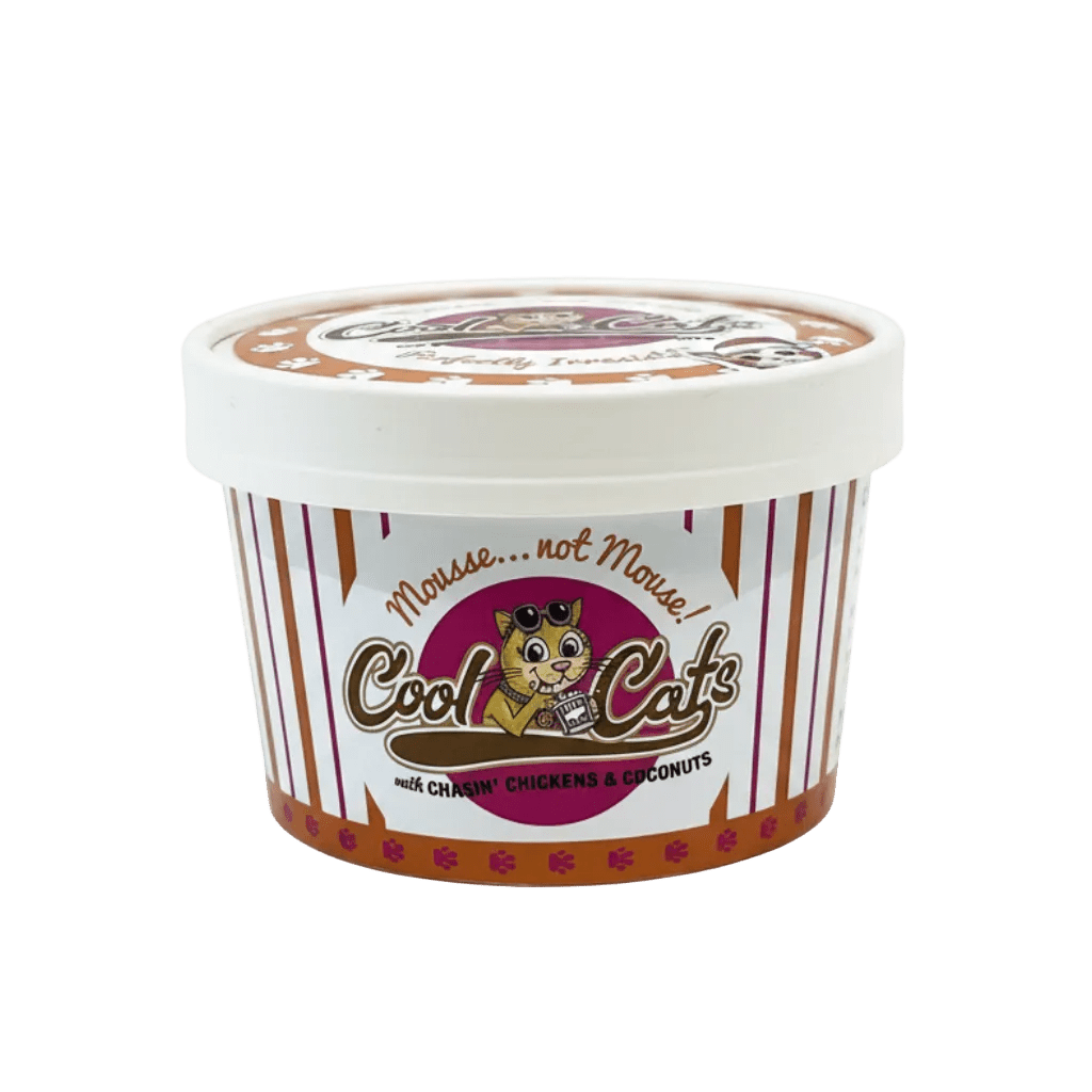 Cat mousse mix tub with Cool Cats label, Chasin' Chickens & Coconuts flavor