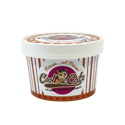 Cat mousse mix tub with Cool Cats label, Chasin' Chickens & Coconuts flavor
