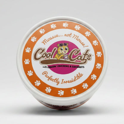 Cat mousse mix tub lid, Cool Cats Chasin' Chickens & Coconuts flavor