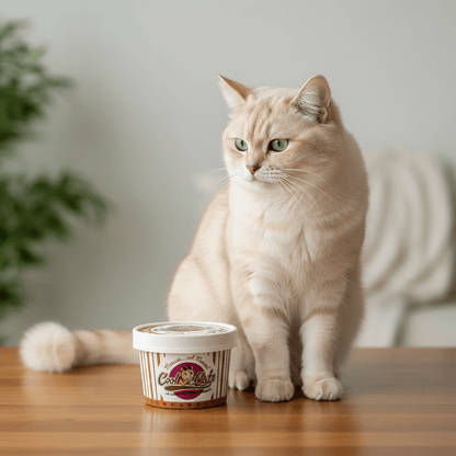 Cat next to Cool Cats mousse mix tub on wooden floor