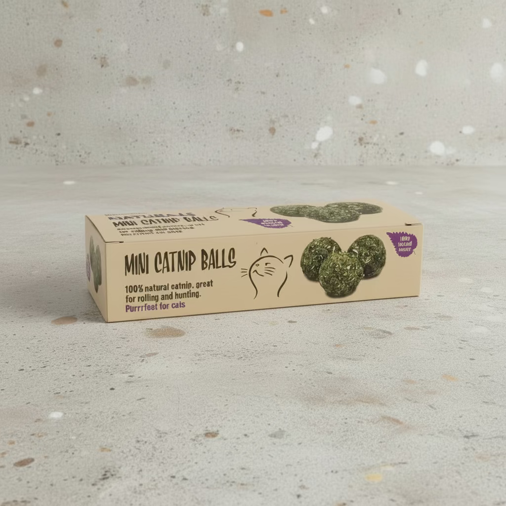 Mini catnip ball box with natural green balls on a light speckled surface