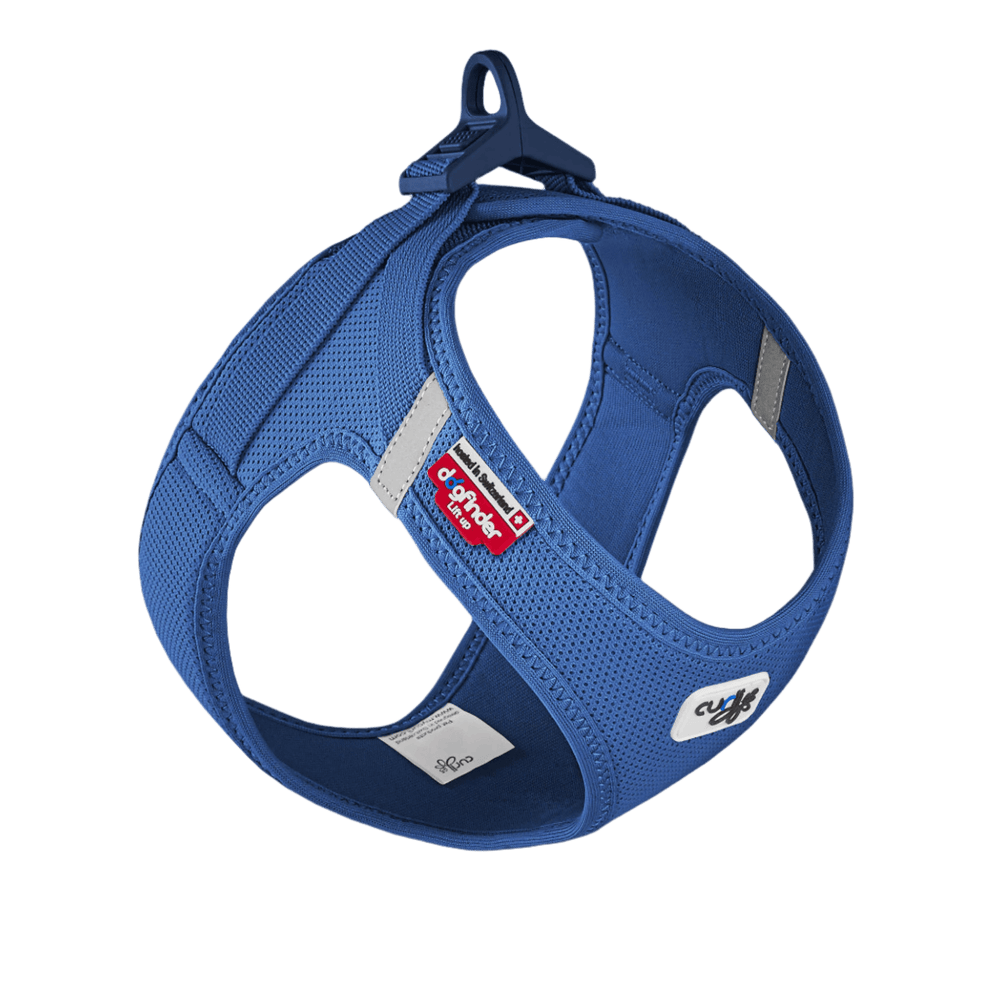 Blue air-mesh vest harness with front clasp, adjustable straps, breathable holes