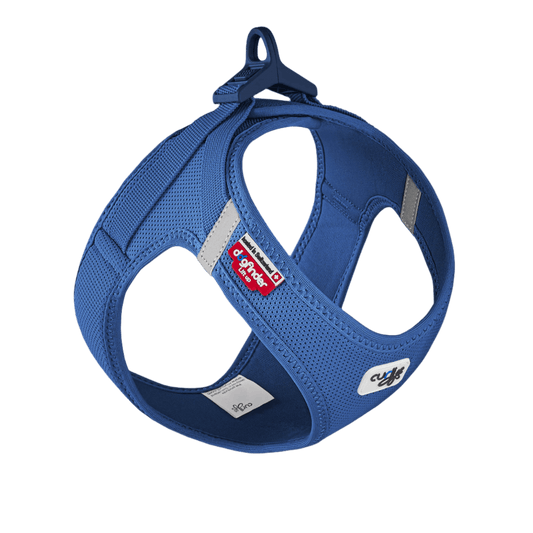Blue air-mesh vest harness with front clasp, adjustable straps, breathable holes