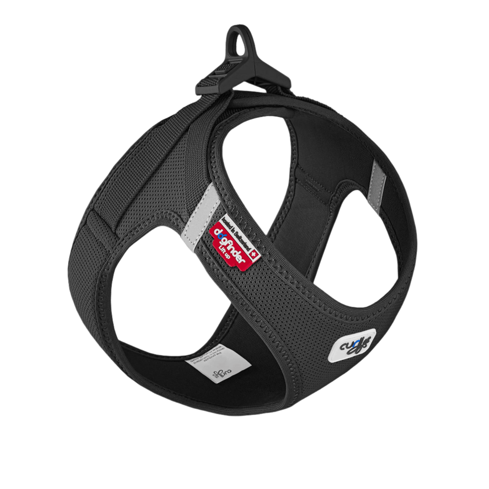Black air-mesh vest harness with adjustable clasp and side D-ring openings