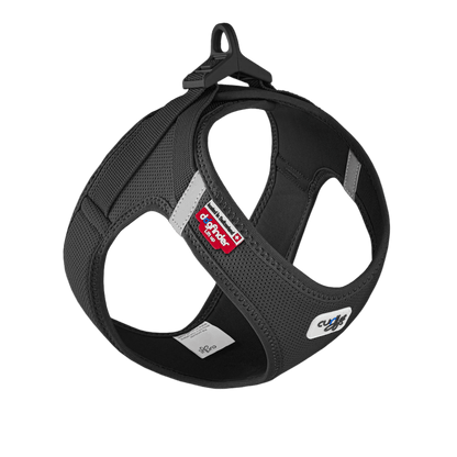 Black air-mesh vest harness with adjustable clasp and side D-ring openings