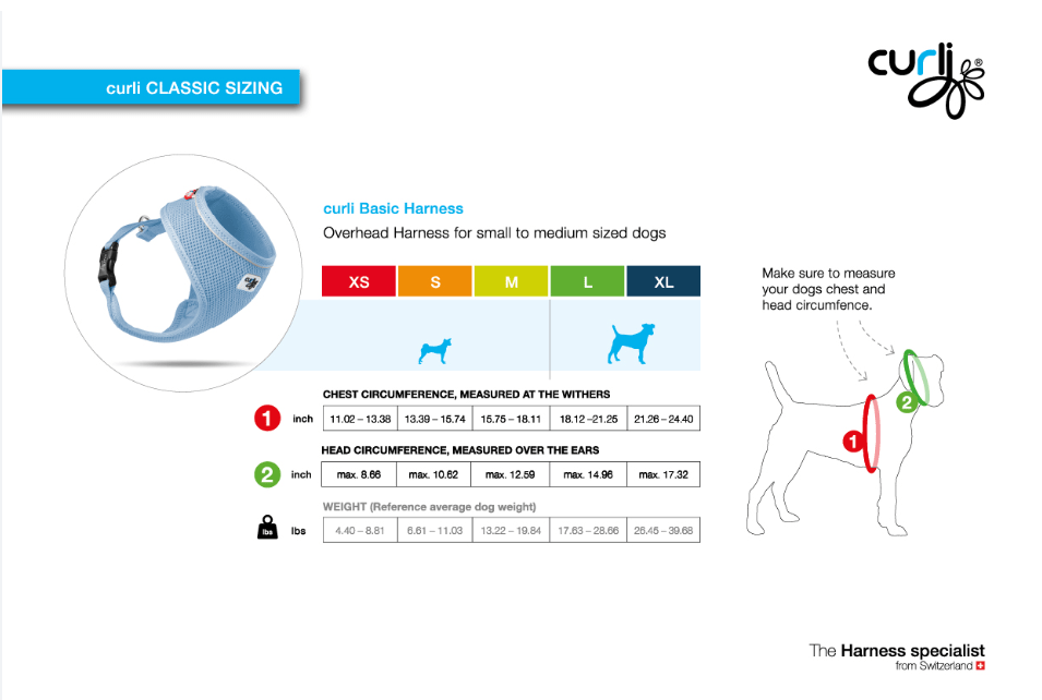 Sizing chart for vest harness: XS–XL ranges by chest circumference and weight