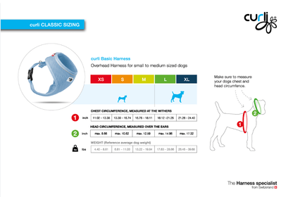 Sizing chart for vest harness: XS–XL ranges by chest circumference and weight
