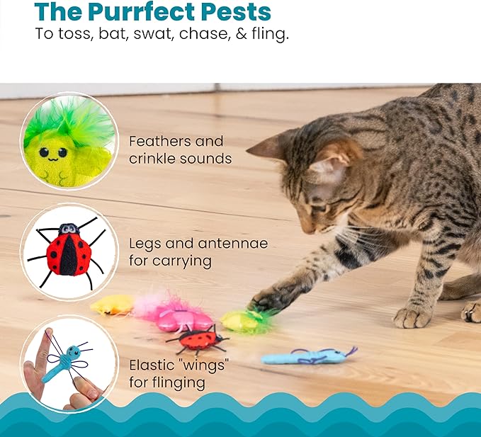 Tabby cat batting colorful catnip crawler bugs on floor: blue, pink, red and green toys