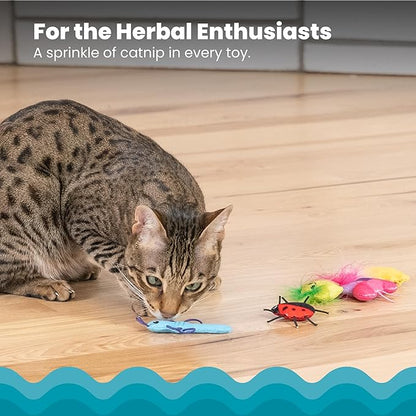 Tabby cat pawing small catnip crawler toys on wooden floor, including green and pink bugs
