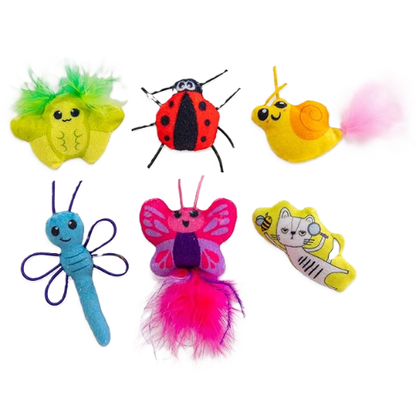 Catnip kicker toy set with green caterpillar, red ladybug, yellow snail, blue spider and moth