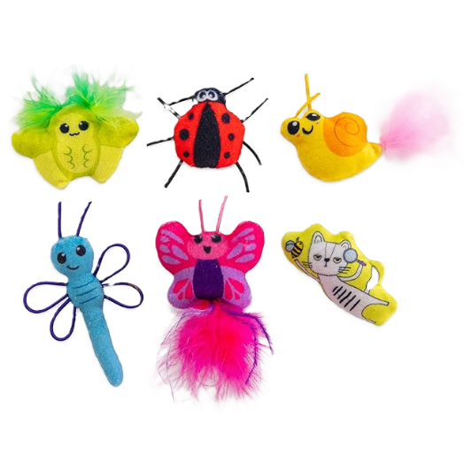 Catnip kicker toy set with green caterpillar, red ladybug, yellow snail, blue spider and moth