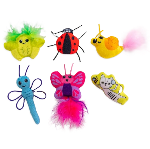 Catnip kicker toy set with green caterpillar, red ladybug, yellow snail, blue spider and moth