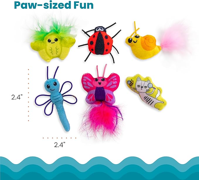 Catnip kicker crawler toy set with green caterpillar, red ladybug, yellow snail, plush bugs