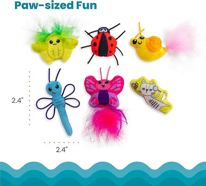 Catnip kicker crawler toy set with green caterpillar, red ladybug, yellow snail, plush bugs