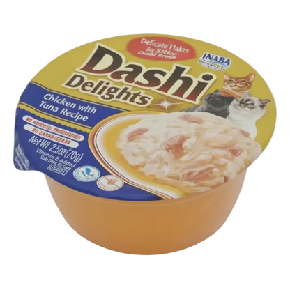 Inaba Dashi Delights cat food cup, chicken with tuna recipe, front label
