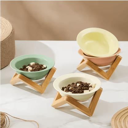 Elevated ceramic cat bowls with bamboo stands in green, cream, and yellow