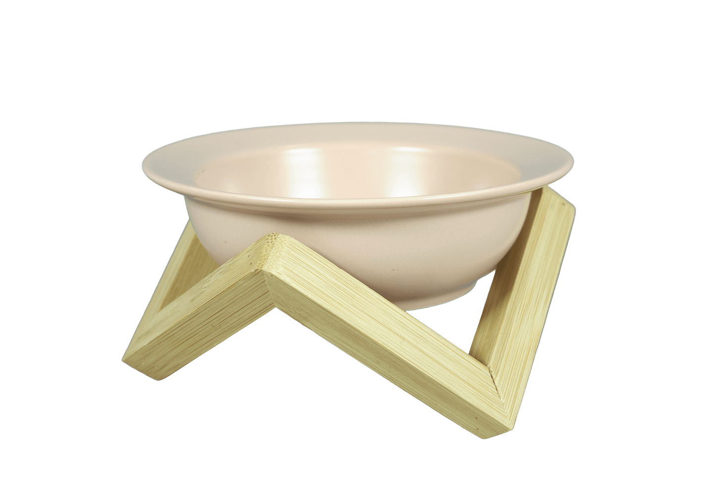 Cream ceramic cat bowl with bamboo stand