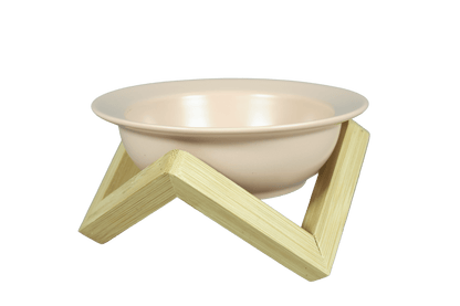 Cream ceramic cat bowl with bamboo stand