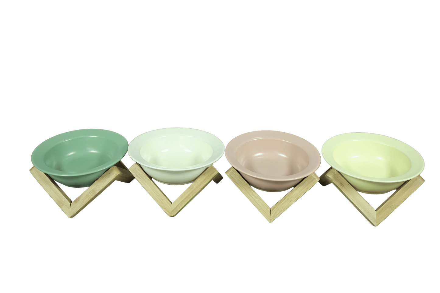 Set of four elevated ceramic cat bowls with bamboo stands in green and neutrals