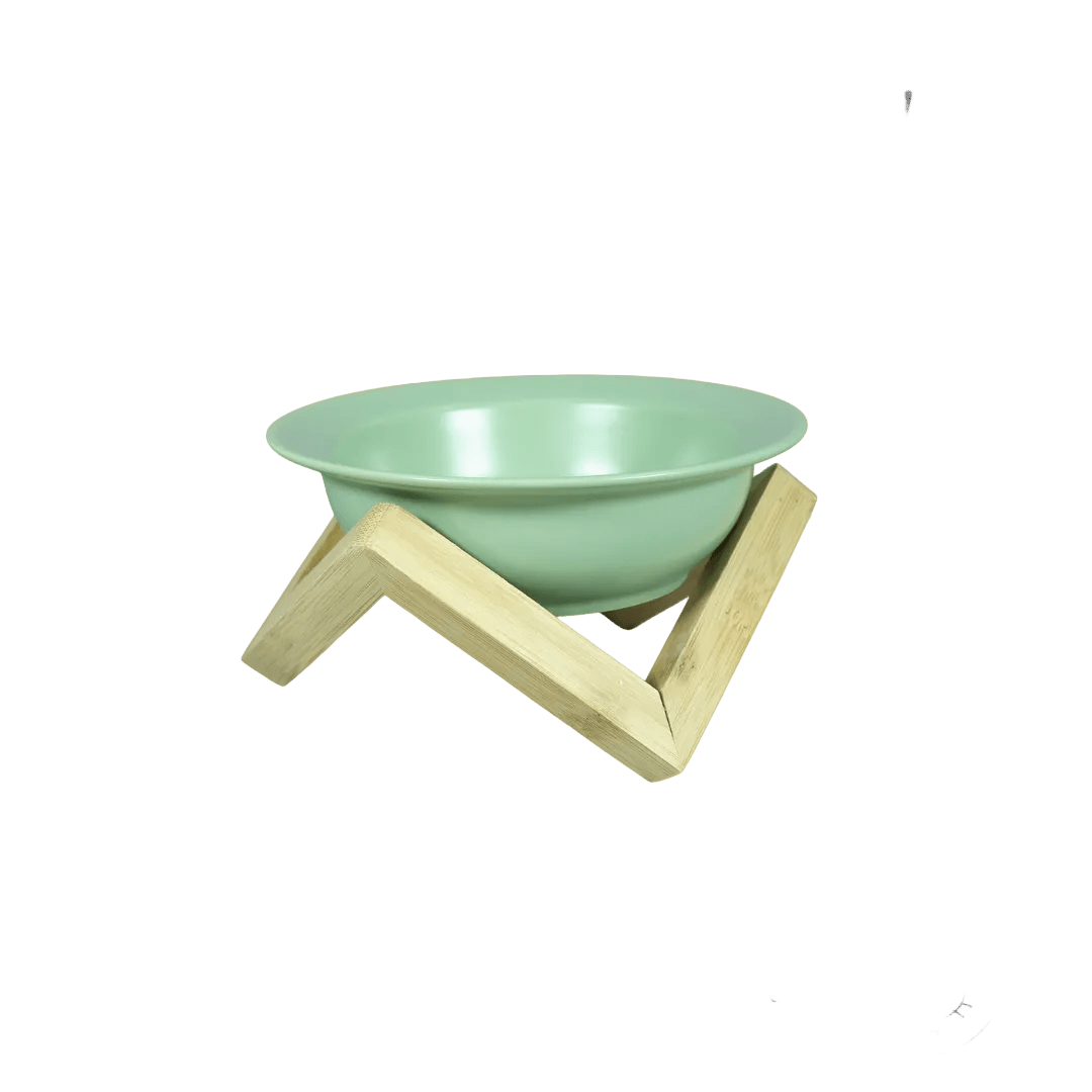 Mint green ceramic cat bowl on bamboo elevated stand with three legs