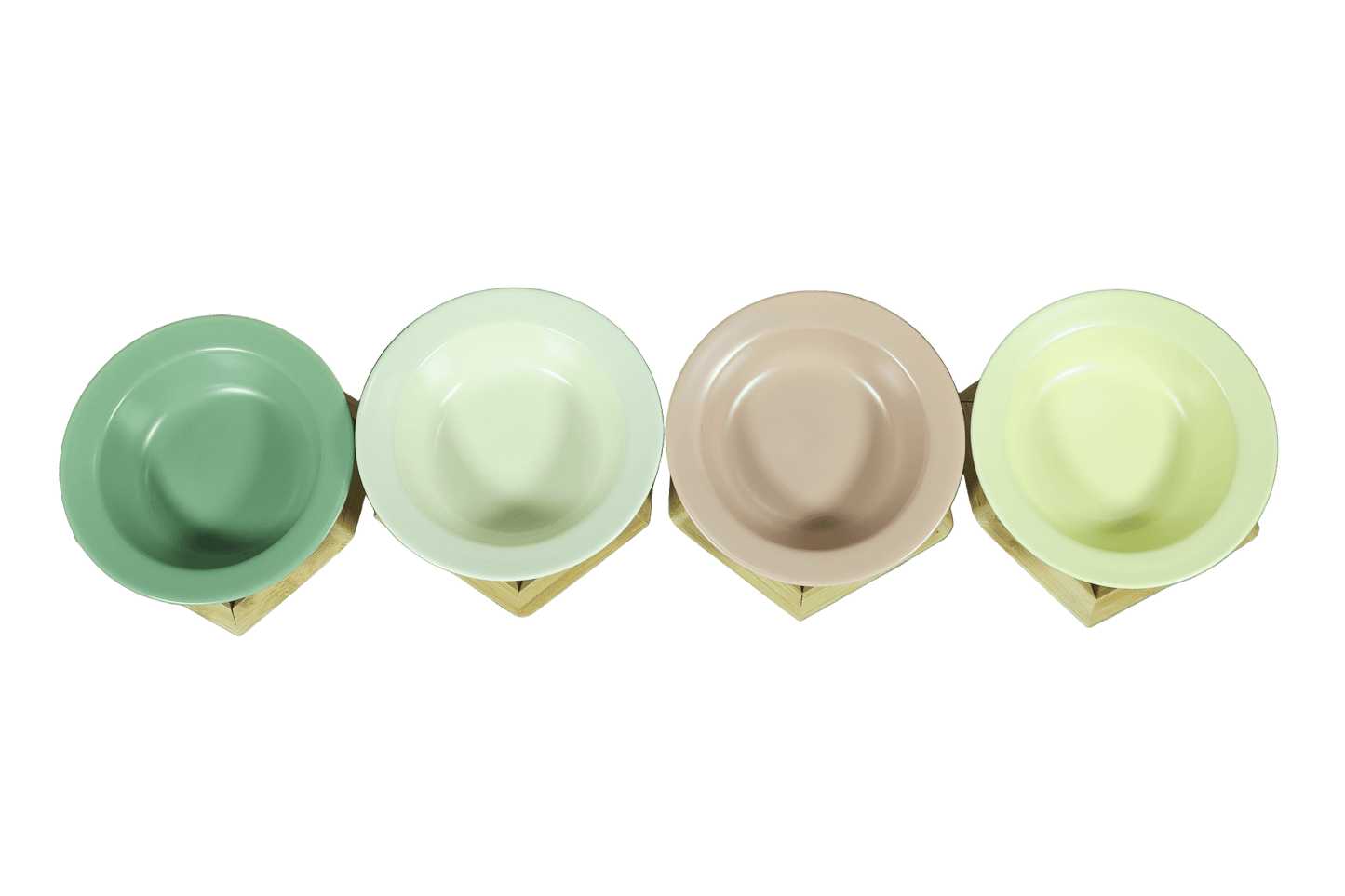 Set of four ceramic cat bowls in green, cream, beige, and light yellow
