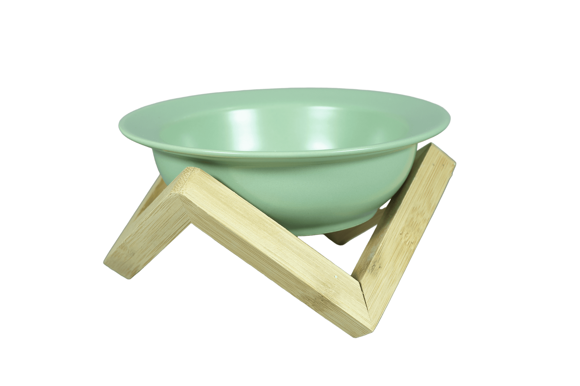 Elevated green ceramic cat bowl with bamboo stand