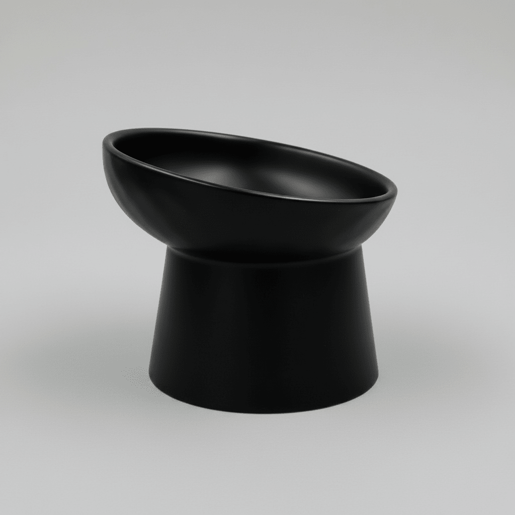 Black tilted ceramic cat bowl with wide rim and shallow interior on pedestal base.