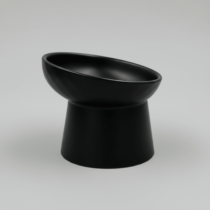 Black tilted ceramic cat bowl with wide rim and shallow interior on pedestal base.