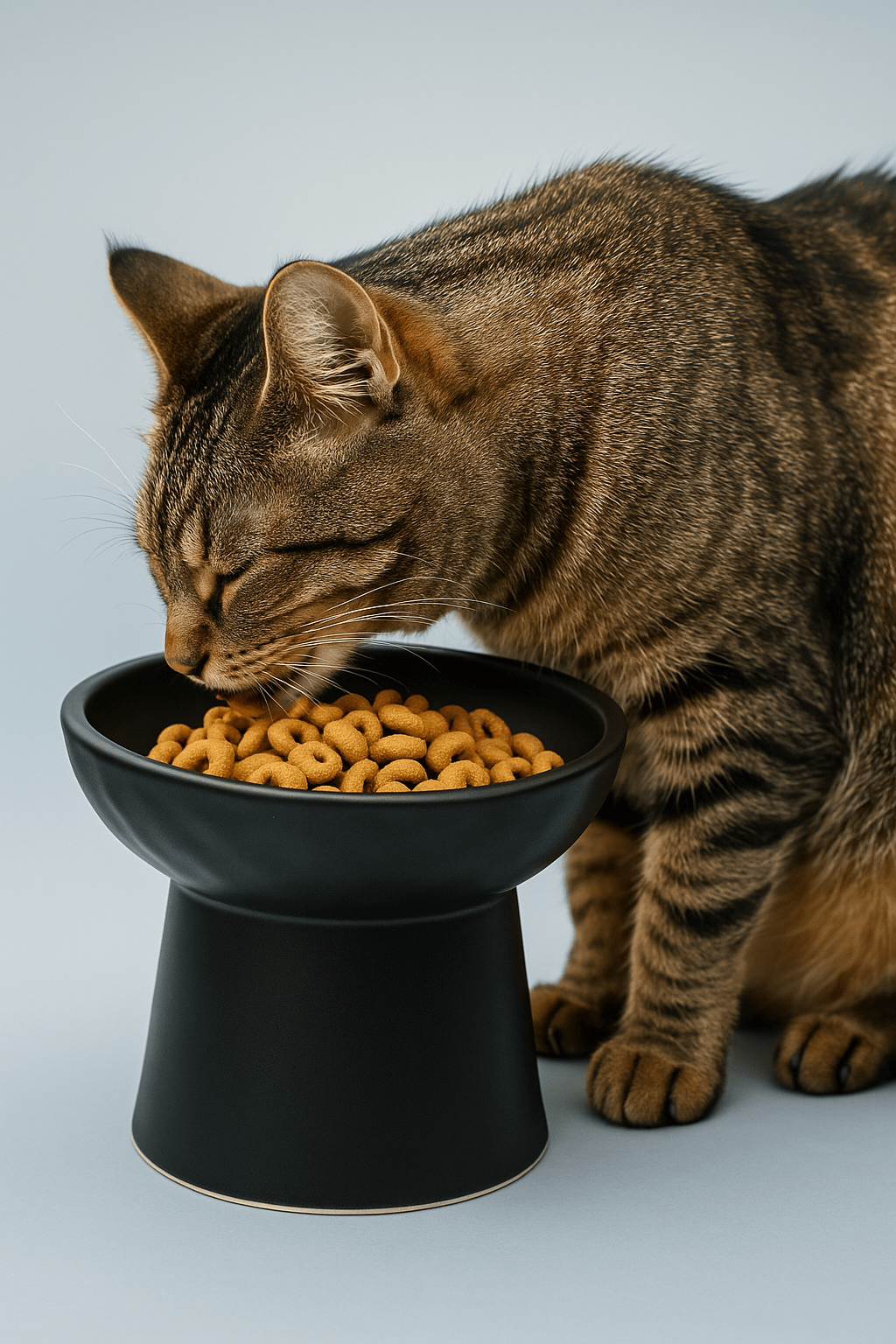 Black tilted ceramic cat bowl filled with dry kibble