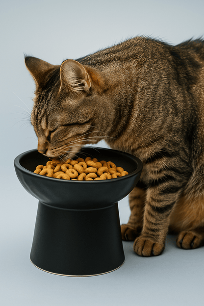 Black tilted ceramic cat bowl filled with dry kibble