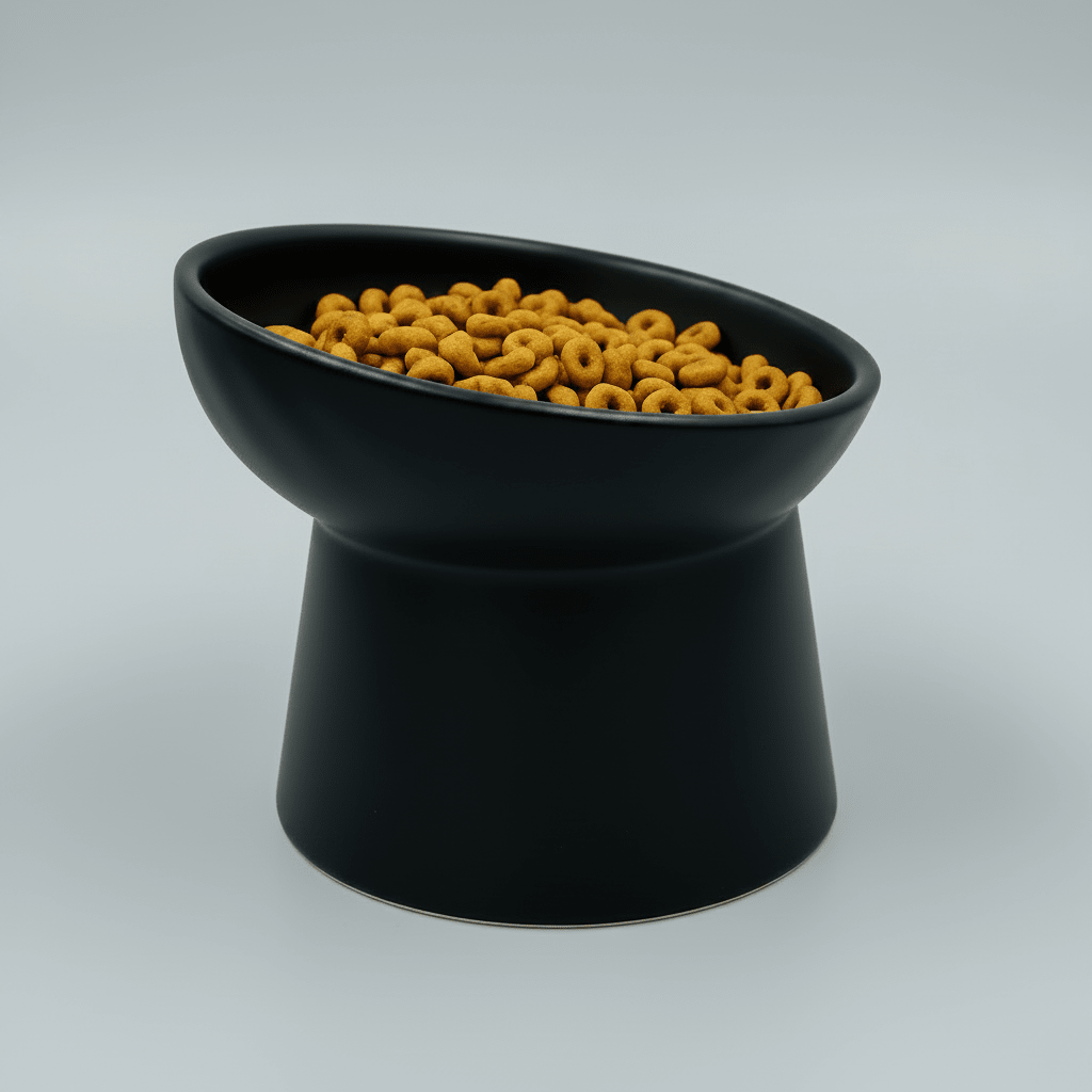 Black tilted ceramic cat bowl filled with dry kibble