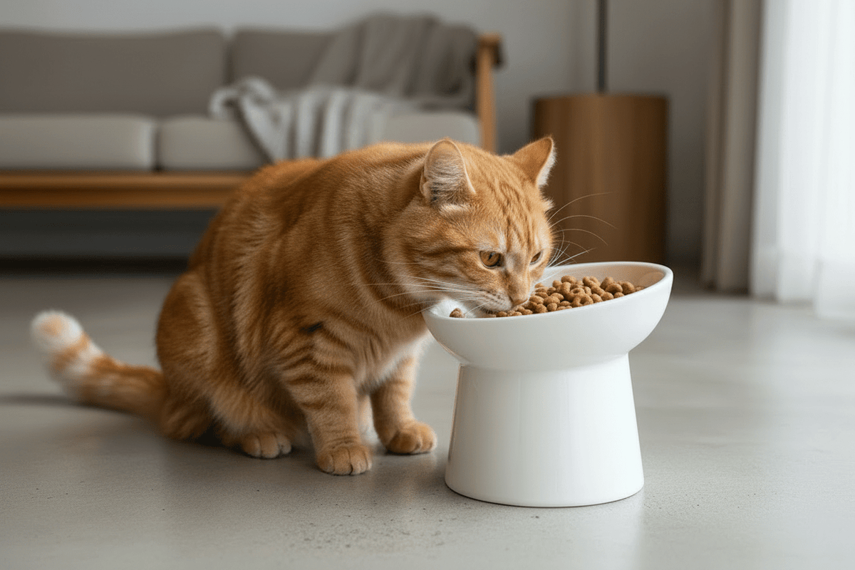 White tilted ceramic cat bowl filled with dry kibble
