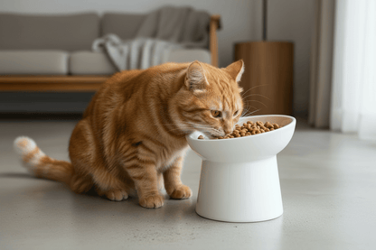 White tilted ceramic cat bowl filled with dry kibble