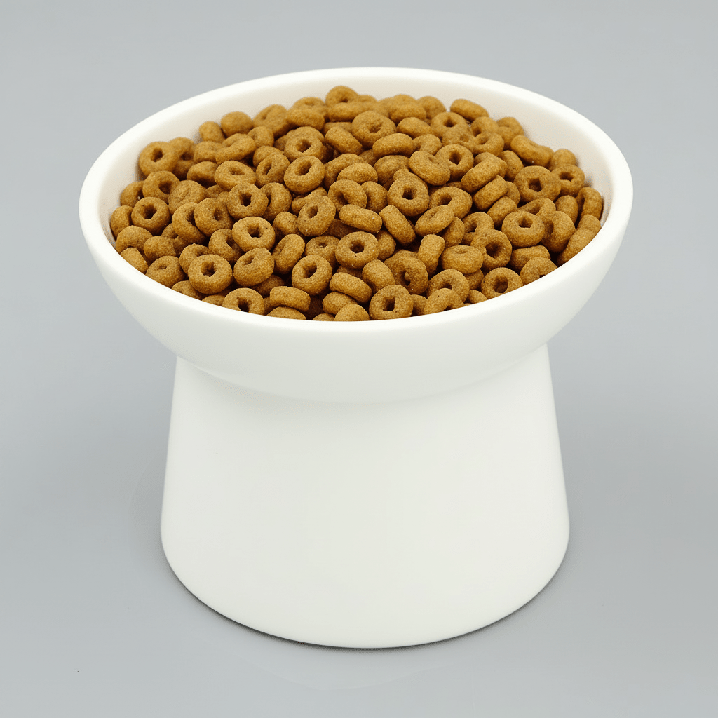 White tilted ceramic cat bowl filled with dry kibble