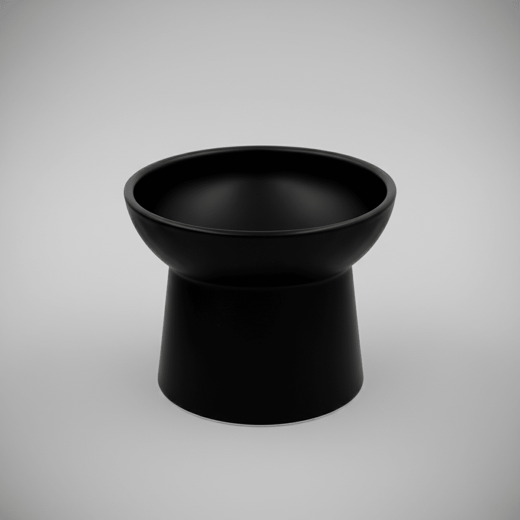 Black tilted ceramic cat bowl, empty and smooth glazed finish