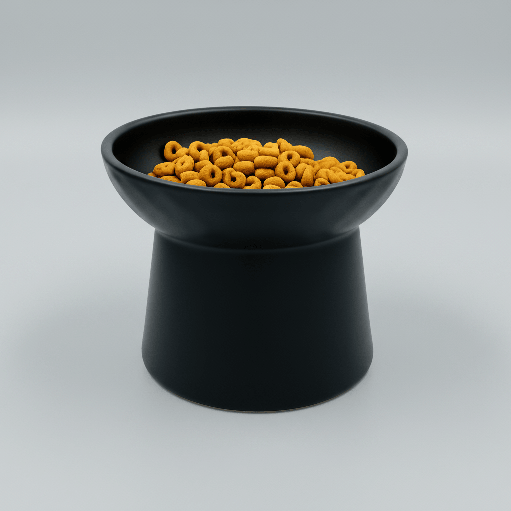 Black tilted ceramic cat bowl filled with dry kibble